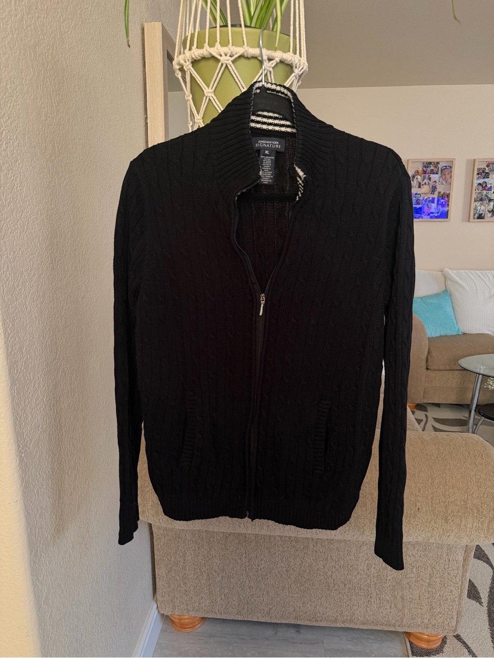 Jones New York Signature Men’s Black Cable-Knit Zip-Up Cardigan